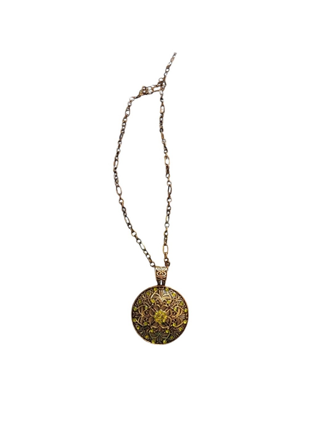 Lucky Brand Peridot Green Crystal Filigree Medallion Necklace Antique Gold Tone